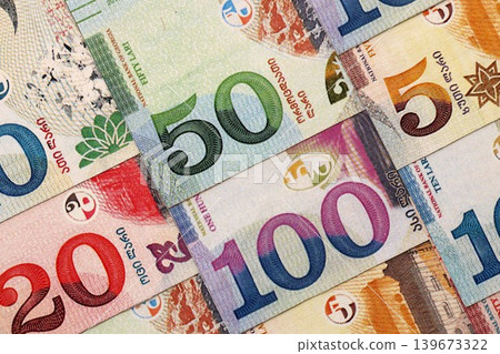 Georgian Lari currency money bills in bunch. GEL currency banknotes Georgian Lari currency money bills in bunch. GEL currency banknotes 139673322