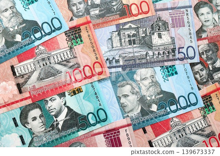 Dominican Republic Pesos currency money bills. DOP currency banknotes in big amount Dominican Republic Pesos currency money bills. DOP currency banknotes in big amount 139673337