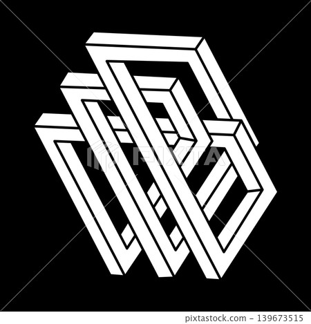 Impossible shapes. Abstract eternal geometric object. Impossible endless outline. Escher style. Impossible geometry symbol on a black background. Optical illusion figures. 139673515
