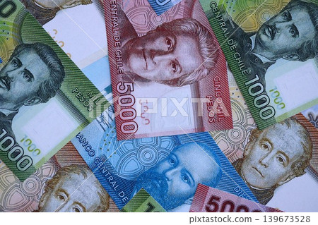 Big amount of chilean pesos moeny bills banknotes. Huge quantity of paper money 139673528
