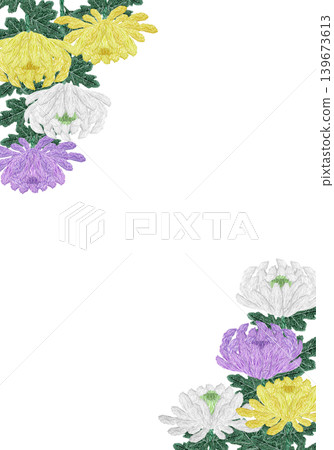 [Vertical frame of chrysanthemum flowers] Hand-embroidered illustration material 139673613