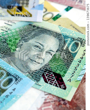 Peruvian sol paper banknotes pile on table. Peru PEN currency money bills in big amount 139673675