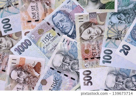 Czech koruna paper banknotes pile on table. Czech Republic CZK currency money bills in big amount Czech koruna paper banknotes pile on table. Czech Republic CZK currency money bills in big amount 139673714