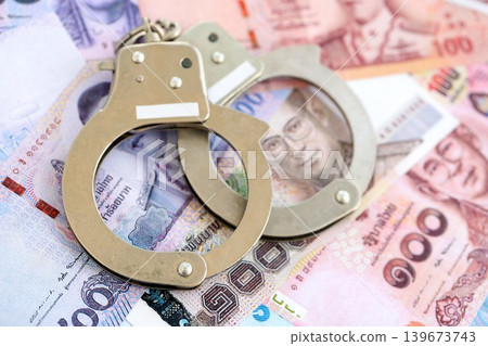Thai baht currency money bills and handcuffs. The concept of criminal Thai baht currency money bills and handcuffs. The concept of criminal 139673743
