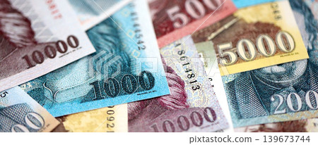 Hungarian Forints currency money bills in big amount. Stack of HUF currency banknotes Hungarian Forints currency money bills in big amount. Stack of HUF currency banknotes 139673744