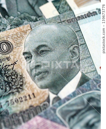 Cambodian riel money bills pile on table. Cambodia banknotes of KHR currency close up Cambodian riel money bills pile on table. Cambodia banknotes of KHR currency close up 139673776