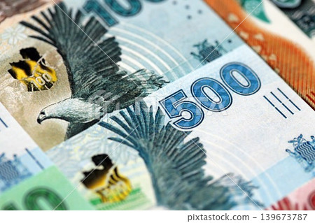 Zambian kwacha money bills pile on table. Zambia banknotes of ZMW currency close up Zambian kwacha money bills pile on table. Zambia banknotes of ZMW currency close up 139673787
