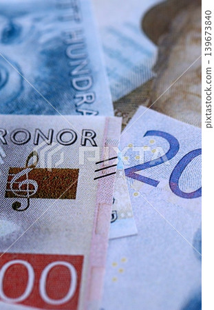 Swedish krona paper banknotes pile on table. Sweden SEK currency money bills in big amount Swedish krona paper banknotes pile on table. Sweden SEK currency money bills in big amount 139673840