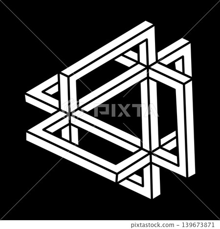 Impossible shapes. Sacred geometry figures. Optical illusion. Abstract eternal geometric object. Impossible endless outline. Escher style. Optical art. Impossible geometry shape on a black background. 139673871