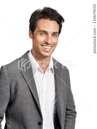 Portrait, happy or business man in studio with positive mindset, attitude or good mood on white background. Face, smile or male lawyer cheerful for new job, first day or career choice at a law firm 139674056