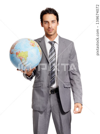 Portrait, business man and globe, earth or worldwide travel isolated on a white studio background. Agent, professional suit and planet map for geography, journey and sphere for international vacation Portrait, business man and globe, earth or worldwide travel isolated on a white studio background. Agent, professional suit and planet map for geography, journey and sphere for international vacation 139674072