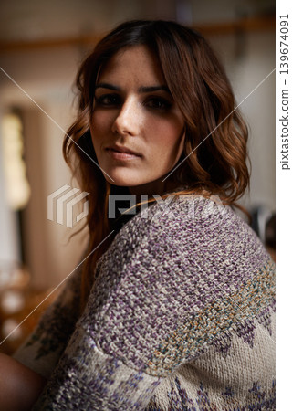 Face, beauty and a young woman in home alone to relax in kitchen of apartment. Portrait, confident girl in house and attractive female person, casual facial expression and profile picture in Spain Face, beauty and a young woman in home alone to relax in kitchen of apartment. Portrait, confident girl in house and attractive female person, casual facial expression and profile picture in Spain 139674091