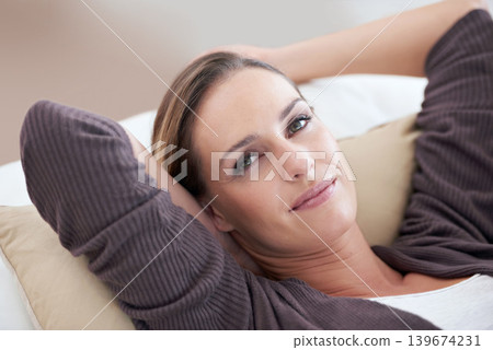 Woman, relax and portrait in house, couch for positive, satisfaction and mindset. Happiness, calm and weekend with female person, home and joy, carefree and comfortable alone in sofa for rest Woman, relax and portrait in house, couch for positive, satisfaction and mindset. Happiness, calm and weekend with female person, home and joy, carefree and comfortable alone in sofa for rest 139674231