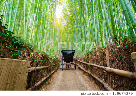Traditional richshaw in Arashiyama green bamboo forest at Kyoto, Japan Traditional richshaw in Arashiyama green bamboo forest at Kyoto, Japan 139674379
