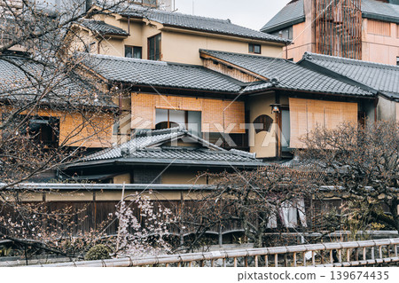 Traditional wooden houses line the peaceful Shirakawa canal with cherry blossom in Shinbashi dori, Kyoto Traditional wooden houses line the peaceful Shirakawa canal with cherry blossom in Shinbashi dori, Kyoto 139674435
