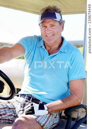 Man, portrait and smile in golf cart on grass as professional athlete for transportation, hobby or sport. Mature person, face and pro driving on course at club or talent training, vacation or holiday Man, portrait and smile in golf cart on grass as professional athlete for transportation, hobby or sport. Mature person, face and pro driving on course at club or talent training, vacation or holiday 139674449
