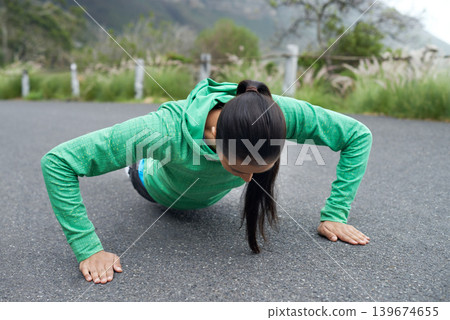 Push ups, woman and outdoor with fitness, wellness and active for endurance and training. Fresh air, person and athlete with challenge, mountains and freedom with practice, exercise and progress 139674655