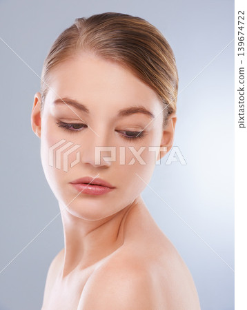 Thinking, skincare and woman with beauty, dermatology and wellness on a white studio background. Person, girl and model with beauty and grooming with makeup, treatment and self care with healthy skin 139674722