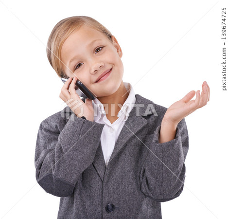 Business, phone call and child in portrait, communication and networking on white background. Female person, pretend professional and playing, consulting and connection for discussion in studio Business, phone call and child in portrait, communication and networking on white background. Female person, pretend professional and playing, consulting and connection for discussion in studio 139674725