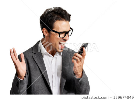 Angry, screaming and business man with phone call conflict or stress in studio on white background. Smartphone, fail or guy entrepreneur shouting at phishing, scam or frustrated by app, 404 or glitch Angry, screaming and business man with phone call conflict or stress in studio on white background. Smartphone, fail or guy entrepreneur shouting at phishing, scam or frustrated by app, 404 or glitch 139674849