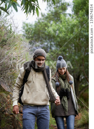 Couple, happy and hiking in forest or holding hands with travel, adventure and nature for wellness or fitness. Man, woman and trekking in woods for cardio, exercise or workout with view or backpack Couple, happy and hiking in forest or holding hands with travel, adventure and nature for wellness or fitness. Man, woman and trekking in woods for cardio, exercise or workout with view or backpack 139674854