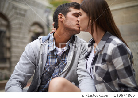 Love, city and relax couple kiss, bond together and enjoy outdoor date with care, support and commitment to partner. Wellness, relationship affection and urban man, woman or people in romantic moment Love, city and relax couple kiss, bond together and enjoy outdoor date with care, support and commitment to partner. Wellness, relationship affection and urban man, woman or people in romantic moment 139674869