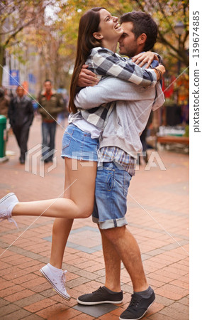 Couple, hug and outdoor in city, laugh and excited with love, bonding together and romantic relationship. Cape town, embrace and enjoy with boyfriend and girlfriend in street, summer and dating Couple, hug and outdoor in city, laugh and excited with love, bonding together and romantic relationship. Cape town, embrace and enjoy with boyfriend and girlfriend in street, summer and dating 139674885