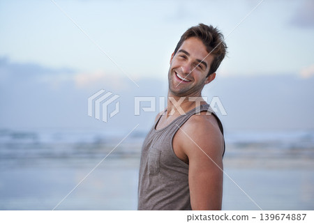 Portrait, smile and beach with man, holiday and happiness with summer break and getaway trip. Face, person or guy with joy, Brazil or adventure with peace or travel with wellness, journey or ocean Portrait, smile and beach with man, holiday and happiness with summer break and getaway trip. Face, person or guy with joy, Brazil or adventure with peace or travel with wellness, journey or ocean 139674887