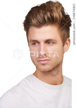 Thinking, face and man in studio for brainstorming, solution or answers on white background. Headshot, daydreaming and male model distracted by questions, why or problem solving, plan or ponder Thinking, face and man in studio for brainstorming, solution or answers on white background. Headshot, daydreaming and male model distracted by questions, why or problem solving, plan or ponder 139674901