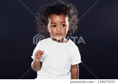 Cute, girl and kid with ideas, thinking and contemplating on a dark studio background. Model, mockup space and child development with wonder and thoughts with emoji and curious with expression Cute, girl and kid with ideas, thinking and contemplating on a dark studio background. Model, mockup space and child development with wonder and thoughts with emoji and curious with expression 139675043