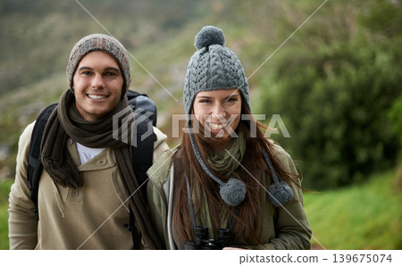 Couple, portrait and hiking in forest or nature for travel, adventure or holiday for experience or fitness. Man, woman or trekking outdoor in woods for cardio, exercise or workout with care or winter Couple, portrait and hiking in forest or nature for travel, adventure or holiday for experience or fitness. Man, woman or trekking outdoor in woods for cardio, exercise or workout with care or winter 139675074