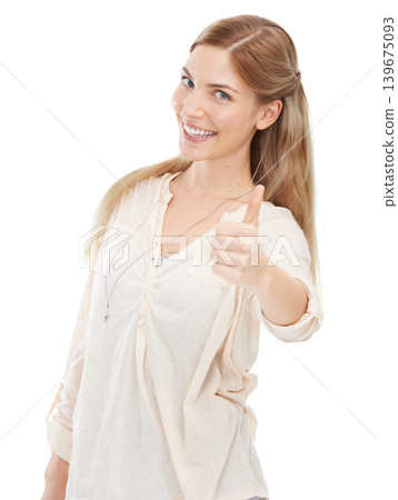 Thumbs up, yes and like emoji with woman in portrait for agreement, support and success on white background. Hand gesture, feedback or review with vote, decision and smile for thank you in studio Thumbs up, yes and like emoji with woman in portrait for agreement, support and success on white background. Hand gesture, feedback or review with vote, decision and smile for thank you in studio 139675093