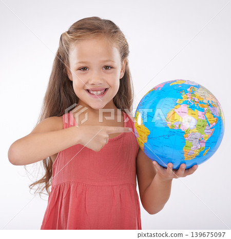 Kid, pointing to globe in studio with world, planets and city for education, geography and portrait. Student, girl child and travel map with smile for earth day support or ecology on white background Kid, pointing to globe in studio with world, planets and city for education, geography and portrait. Student, girl child and travel map with smile for earth day support or ecology on white background 139675097