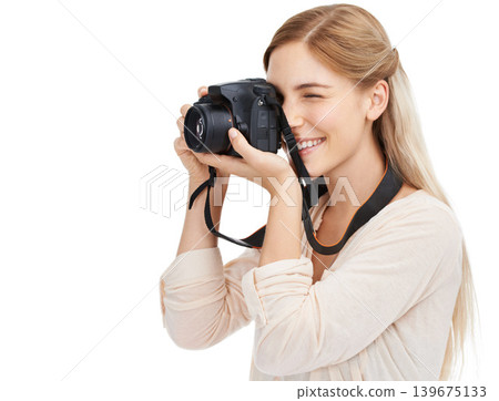 Photographer, camera and focus with woman and photography take picture for art and photo journalist on white background. Mockup space, creativity and lens in studio for content creation with tech Photographer, camera and focus with woman and photography take picture for art and photo journalist on white background. Mockup space, creativity and lens in studio for content creation with tech 139675133