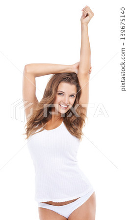 Portrait, underwear or happy woman in tank top with confidence, smile or healthy body. Natural, fashion model or slim person in lingerie with pride or wellness isolated on white background in studio Portrait, underwear or happy woman in tank top with confidence, smile or healthy body. Natural, fashion model or slim person in lingerie with pride or wellness isolated on white background in studio 139675140