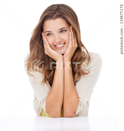 Studio, happiness and young woman with thinking with wellness, carefree and relax by white background. Model, smile and hands on face for creative idea, positive and decision for holiday on break 139675178