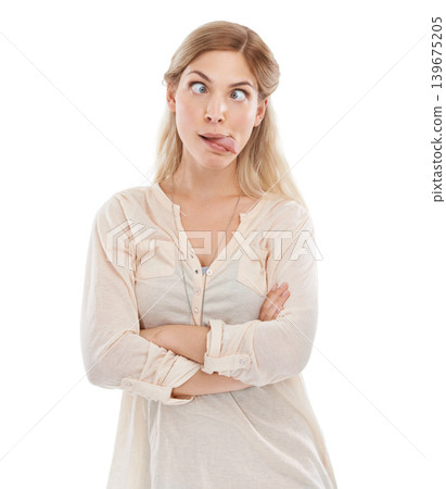 Funny face, tongue and squint with woman arms crossed in studio isolated on white background for humor. Emoji, comedy or joke and confident young comic feeling silly or goofy with weird body language Funny face, tongue and squint with woman arms crossed in studio isolated on white background for humor. Emoji, comedy or joke and confident young comic feeling silly or goofy with weird body language 139675205