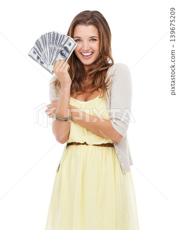 Portrait, studio and woman excited for money, dollars or winning gambling prize, cashback bonus or deal increase. Financial success, competition prize and cash winner happiness on white background Portrait, studio and woman excited for money, dollars or winning gambling prize, cashback bonus or deal increase. Financial success, competition prize and cash winner happiness on white background 139675209