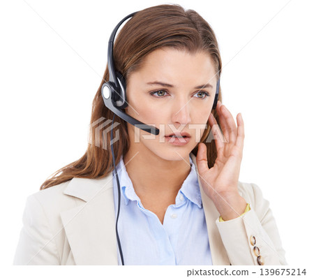 Call center, headset or woman listening in studio for communication or speaking in customer services. White background, virtual assistant or female sales agent with microphone in CRM or tech support 139675214