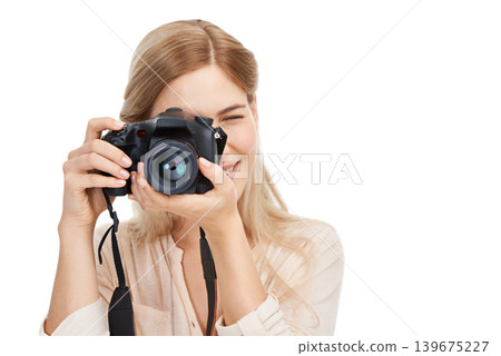 Photographer, camera and focus with woman and creative, take picture for art and photo journalist on white background. Mockup space, creativity and photography in studio for content creation and lens Photographer, camera and focus with woman and creative, take picture for art and photo journalist on white background. Mockup space, creativity and photography in studio for content creation and lens 139675227