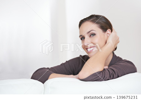 Woman, resting and portrait in living room sofa for positive, satisfaction and mindset. Happiness, calm and weekend with female person, home and joy, carefree and comfortable alone in couch to relax Woman, resting and portrait in living room sofa for positive, satisfaction and mindset. Happiness, calm and weekend with female person, home and joy, carefree and comfortable alone in couch to relax 139675231
