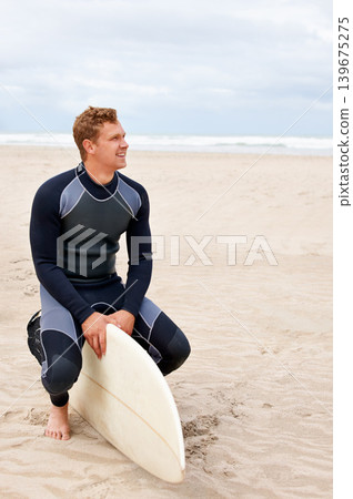Surfboard, happy man or thinking of beach to relax on vacation or adventure for fitness or travel. Smile, person waiting or surfer at sea on holiday in Hawaii or ocean for wellness or extreme sports Surfboard, happy man or thinking of beach to relax on vacation or adventure for fitness or travel. Smile, person waiting or surfer at sea on holiday in Hawaii or ocean for wellness or extreme sports 139675275