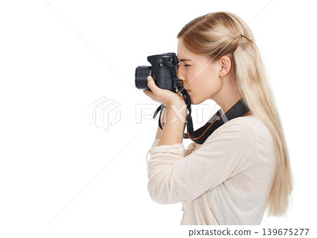 Photographer, camera and focus with woman and profile, take picture for art and photo journalist on white background. Mockup space, creativity and photography in studio for content creation with tech 139675277