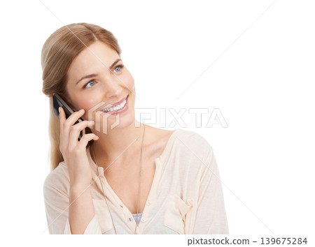 Woman, happy and connection for phone call in studio, chat and networking or contact for communication. Young model, positive and smartphone for discussion, social and technology by white background Woman, happy and connection for phone call in studio, chat and networking or contact for communication. Young model, positive and smartphone for discussion, social and technology by white background 139675284