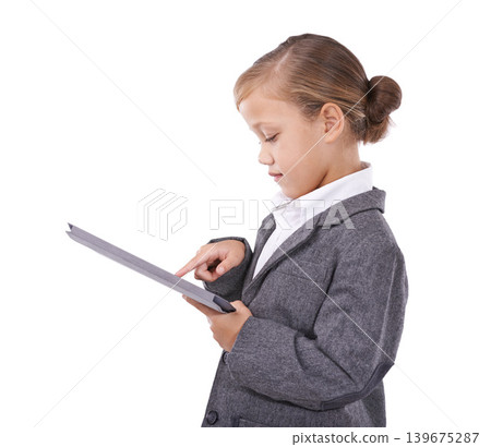 Business, child and online research on tablet in studio, internet connection and tech on white background. Female person, networking and app for planning, pretend professional and playful for info Business, child and online research on tablet in studio, internet connection and tech on white background. Female person, networking and app for planning, pretend professional and playful for info 139675287