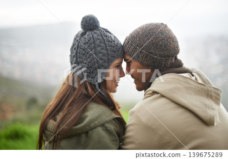 Love, forehead touch and happy couple on nature journey, travel adventure or mountain climbing trip. Marriage, eye contact and face of people connect with care, support and bond in romantic moment Love, forehead touch and happy couple on nature journey, travel adventure or mountain climbing trip. Marriage, eye contact and face of people connect with care, support and bond in romantic moment 139675289
