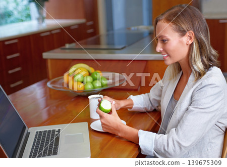 Laptop, apple and business woman in home for morning routine for wellness, nutrition and healthy breakfast. Remote work, freelancer and person with fruit on computer for internet, website or research Laptop, apple and business woman in home for morning routine for wellness, nutrition and healthy breakfast. Remote work, freelancer and person with fruit on computer for internet, website or research 139675309