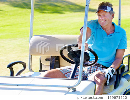 Man, golf cart and grass as happy athlete for sports exercise or competition, challenge or hobby. Mature person, smile and driving transport on course for professional training, game or tournament Man, golf cart and grass as happy athlete for sports exercise or competition, challenge or hobby. Mature person, smile and driving transport on course for professional training, game or tournament 139675320