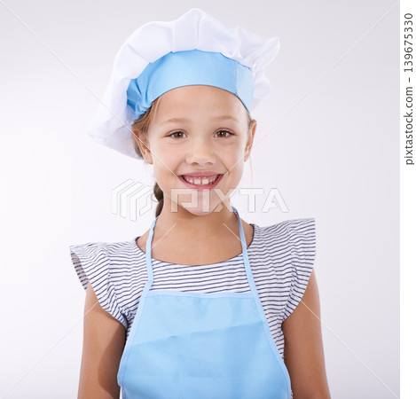 Kid, chef and portrait with apron, confident and child development on white background. Culinary skills, happy and ready to cook, food and childhood growth with confidence in hospitality industry Kid, chef and portrait with apron, confident and child development on white background. Culinary skills, happy and ready to cook, food and childhood growth with confidence in hospitality industry 139675330