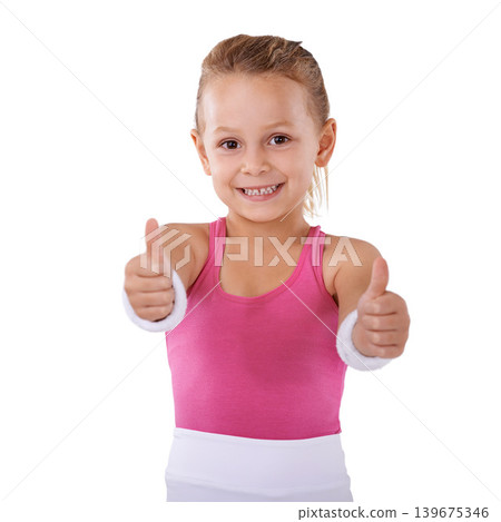 Child, sports and thumbs up in portrait, agreement vote or hand gesture for like on white background. Smile, review or happy kid with okay, thank you or good feedback for support or fitness in studio Child, sports and thumbs up in portrait, agreement vote or hand gesture for like on white background. Smile, review or happy kid with okay, thank you or good feedback for support or fitness in studio 139675346